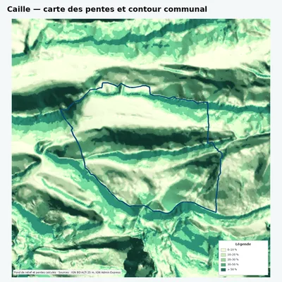 Carte des pentes de Caille avec contour communal