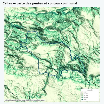 Carte des pentes de Callas avec contour communal