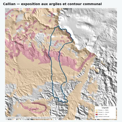 Carte argiles RGA de Callian avec contour communal