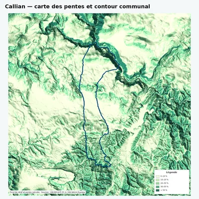 Carte des pentes de Callian avec contour communal