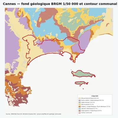 Carte géologique BRGM de Cannes avec contour communal