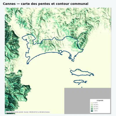 Carte des pentes sur la commune de Cannes