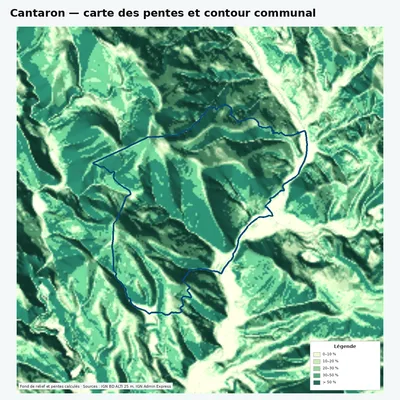 Carte des pentes de Cantaron avec contour communal