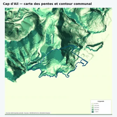 Carte des pentes de Cap d\ avec contour communal