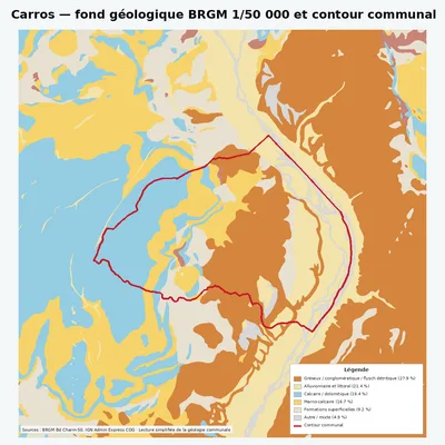 Carte géologique BRGM de Carros avec contour communal