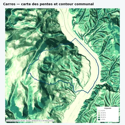 Carte des pentes de Carros avec contour communal