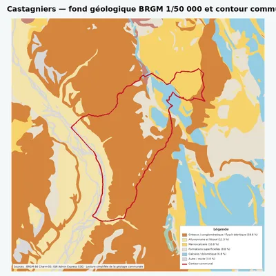Carte géologique BRGM de Castagniers avec contour communal