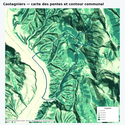 Carte des pentes de Castagniers avec contour communal