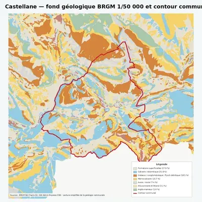 Carte géologique BRGM de Castellane avec contour communal