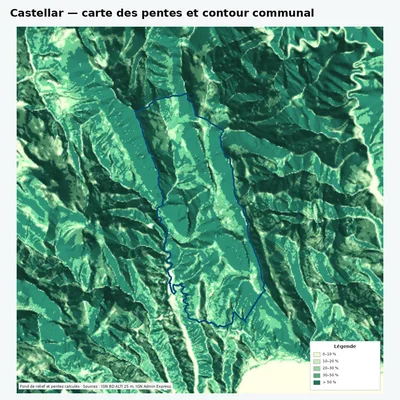 Carte des pentes de Castellar avec contour communal