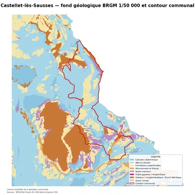Carte géologique BRGM de Castellet-lès-Sausses avec contour communal