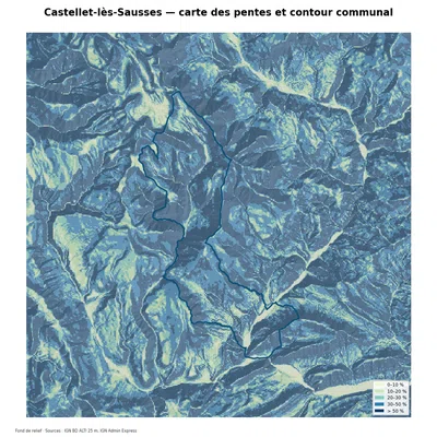 Carte des pentes sur la commune de Castellet-lès-Sausses