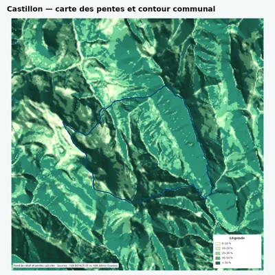 Carte des pentes de Castillon avec contour communal