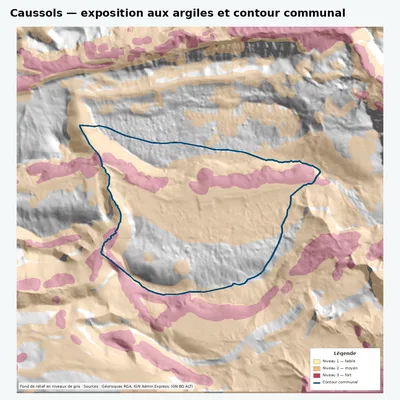 Carte argiles RGA de Caussols avec contour communal