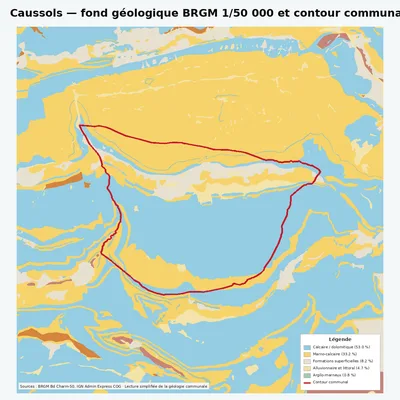 Carte géologique BRGM de Caussols avec contour communal