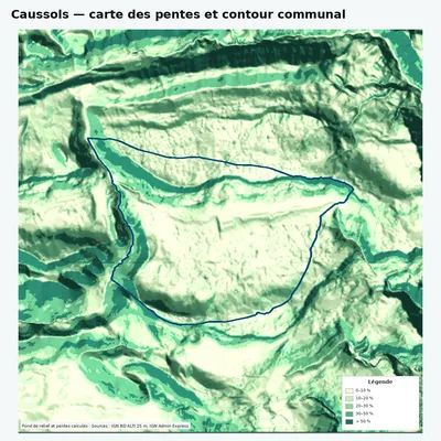 Carte des pentes de Caussols avec contour communal