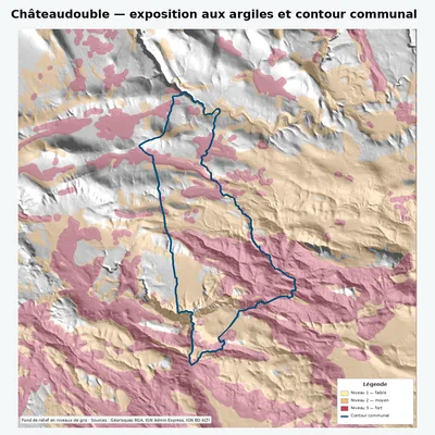 Carte argiles RGA de Châteaudouble avec contour communal
