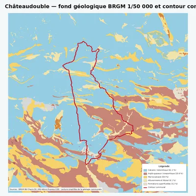 Carte géologique BRGM de Châteaudouble avec contour communal