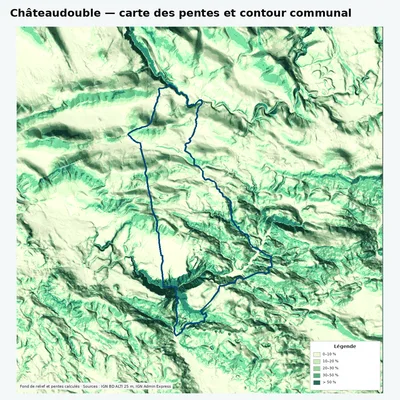 Carte des pentes de Châteaudouble avec contour communal