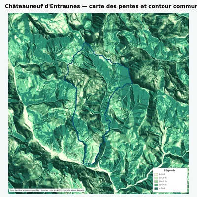 Carte des pentes de Châteauneuf d\ avec contour communal