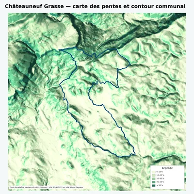Carte des pentes de Châteauneuf Grasse avec contour communal