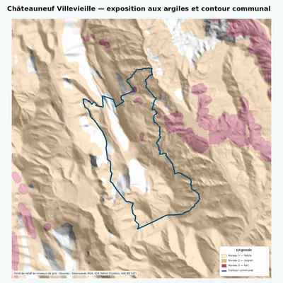 Carte argiles RGA de Châteauneuf Villevieille avec contour communal