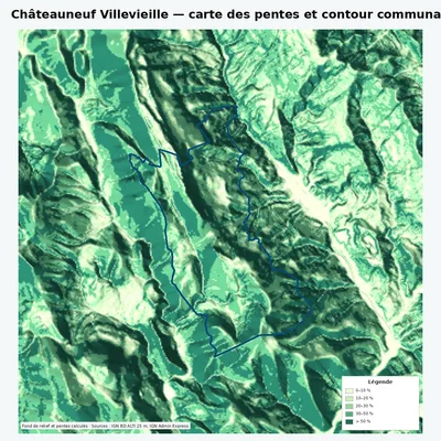 Carte des pentes de Châteauneuf Villevieille avec contour communal