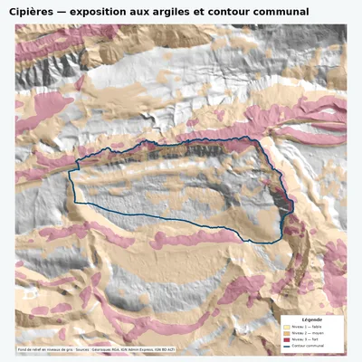 Carte argiles RGA de Cipières avec contour communal