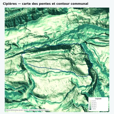Carte des pentes de Cipières avec contour communal