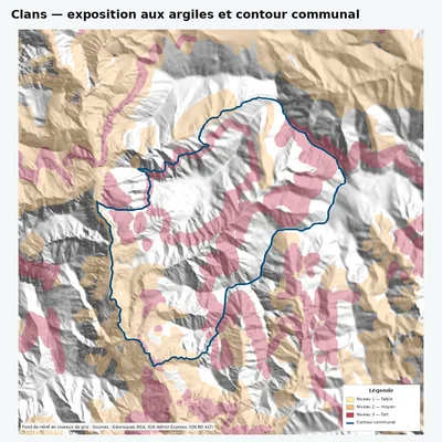 Carte argiles RGA de Clans avec contour communal