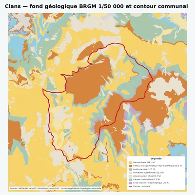 Carte géologique BRGM de Clans avec contour communal