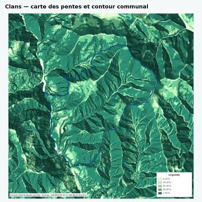 Carte des pentes de Clans avec contour communal