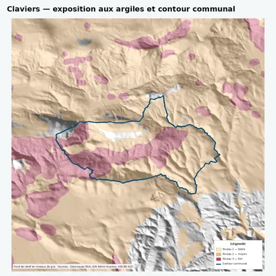 Carte argiles RGA de Claviers avec contour communal