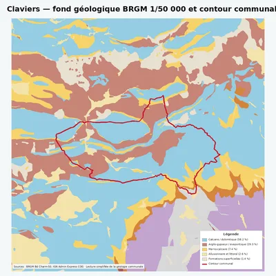 Carte géologique BRGM de Claviers avec contour communal