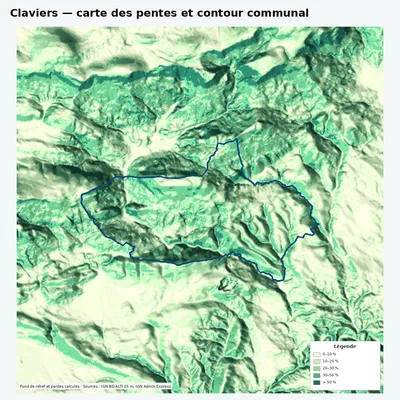 Carte des pentes de Claviers avec contour communal
