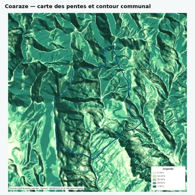 Carte des pentes de Coaraze avec contour communal