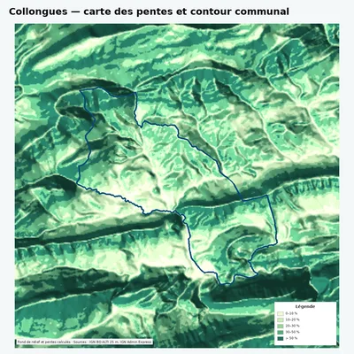 Carte des pentes de Collongues avec contour communal