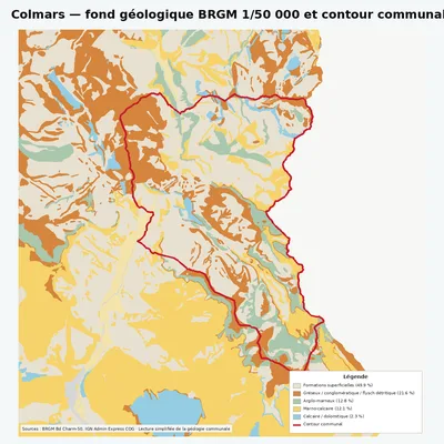 Carte géologique BRGM de Colmars avec contour communal