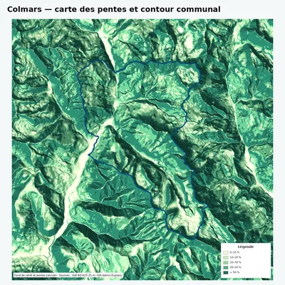 Carte des pentes de Colmars avec contour communal