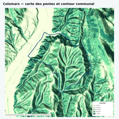 Carte des pentes de Colomars avec contour communal