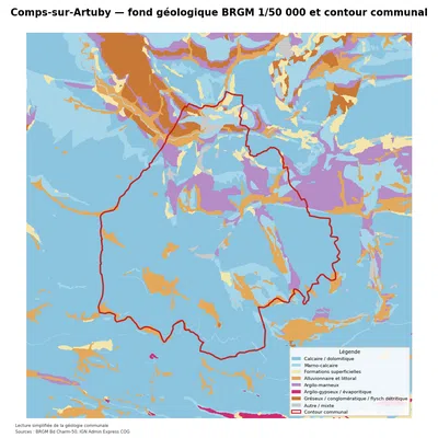 Carte géologique BRGM de Comps-sur-Artuby avec contour communal