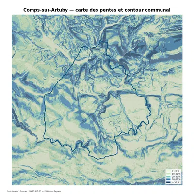 Carte des pentes sur la commune de Comps-sur-Artuby