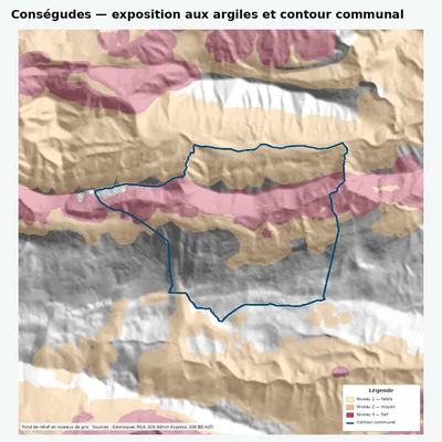 Carte argiles RGA de Conségudes avec contour communal