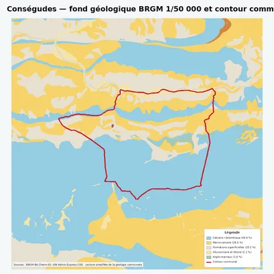 Carte géologique BRGM de Conségudes avec contour communal