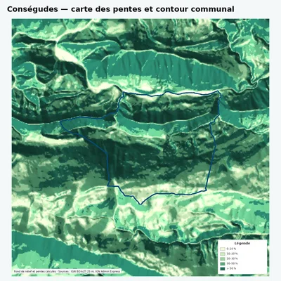 Carte des pentes de Conségudes avec contour communal