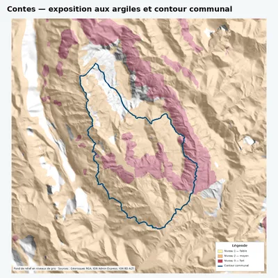 Carte argiles RGA de Contes avec contour communal