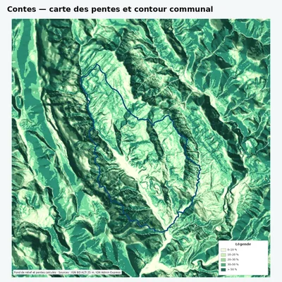 Carte des pentes de Contes avec contour communal