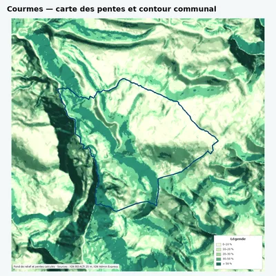 Carte des pentes de Courmes avec contour communal