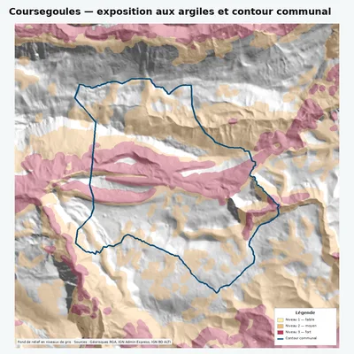 Carte argiles RGA de Coursegoules avec contour communal