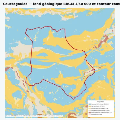 Carte géologique BRGM de Coursegoules avec contour communal